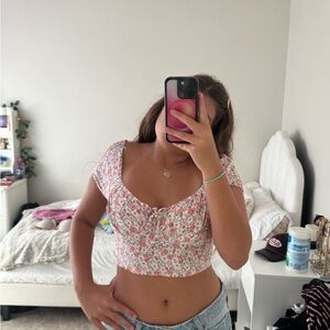 Hollister Pink and White Ruched Cap Sleeve Blouse